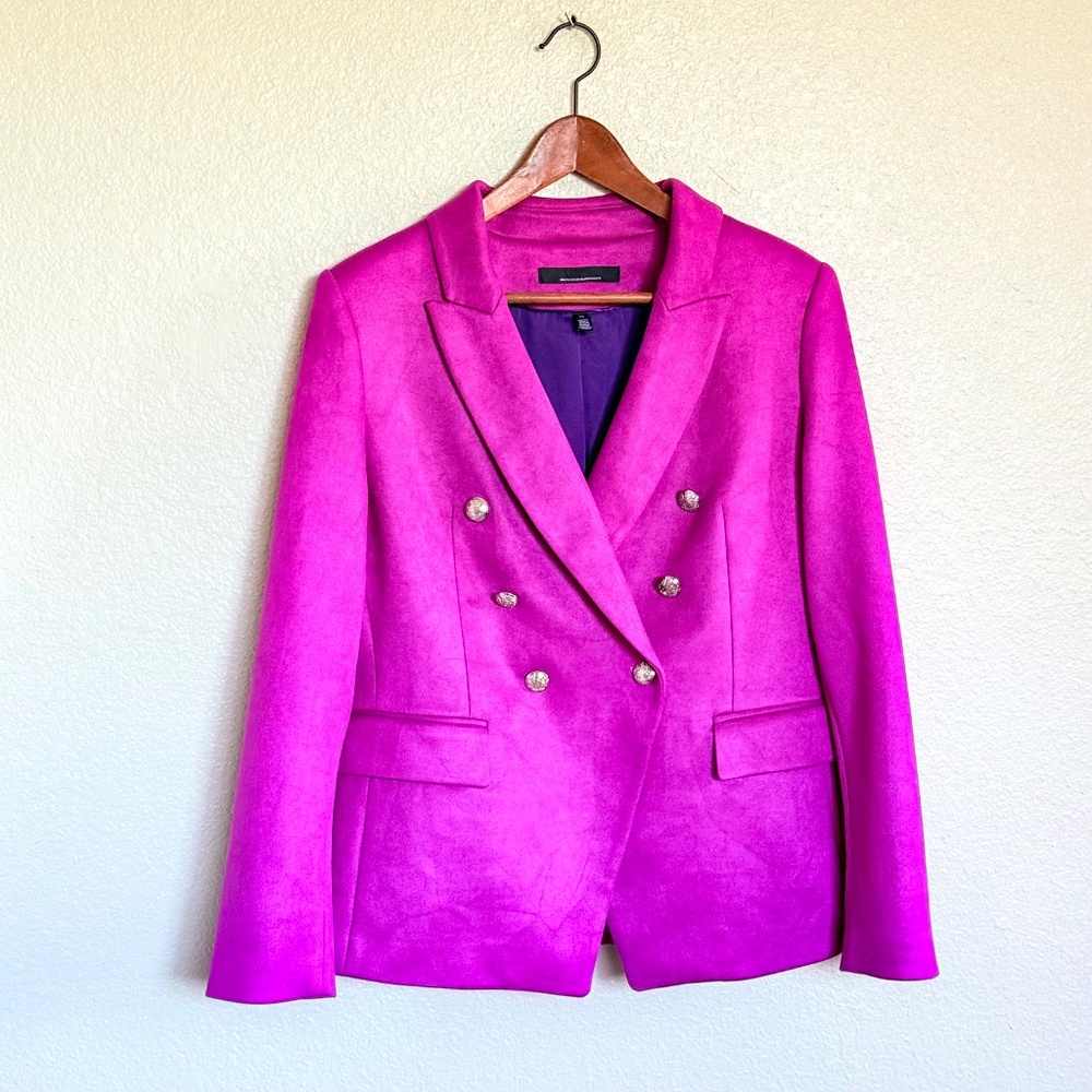Bold Magenta Preppy Career Faux Suede Double Breasted Studio Blazer WHBM Size 12 - Picture 7 of 17